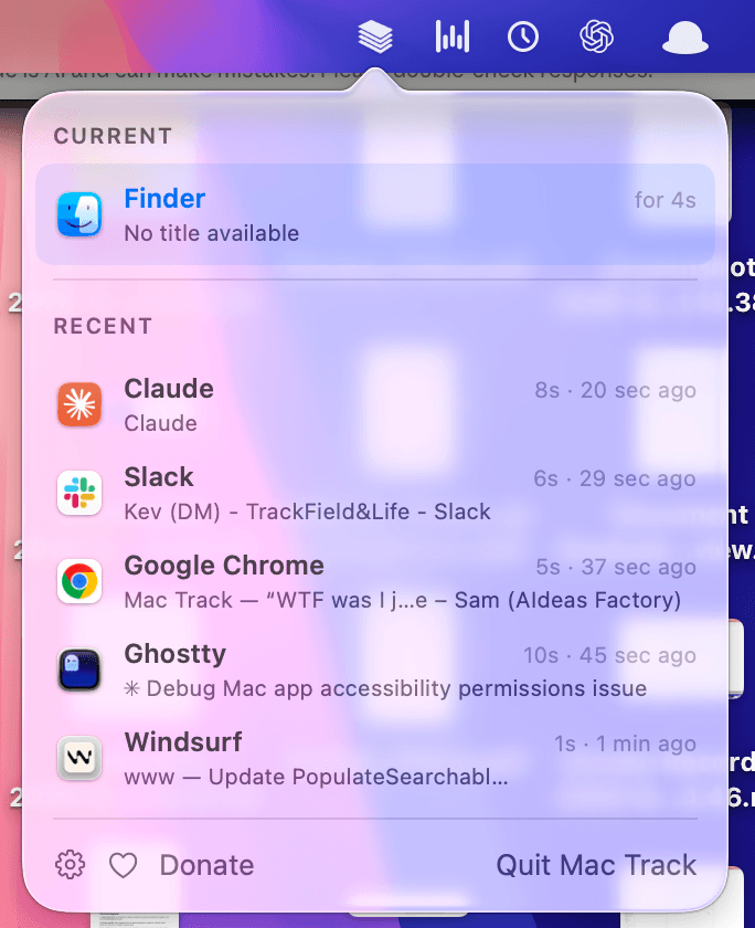 Mac Track menu bar dropdown showing the current context and recently used apps